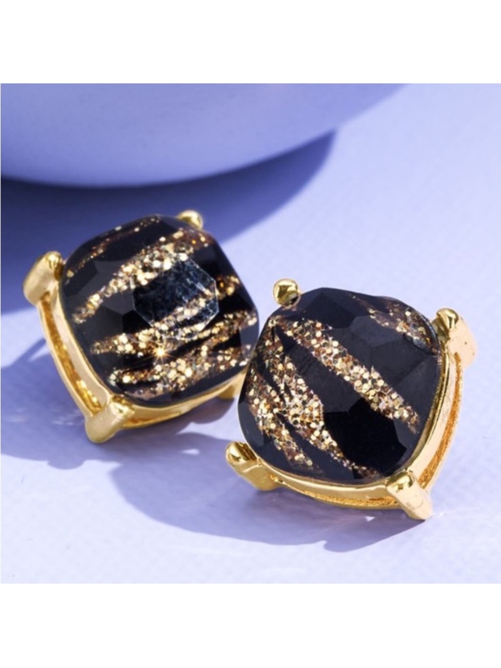 New Zebra Glitter Stripe Glass Black & Gold Stud Earrings